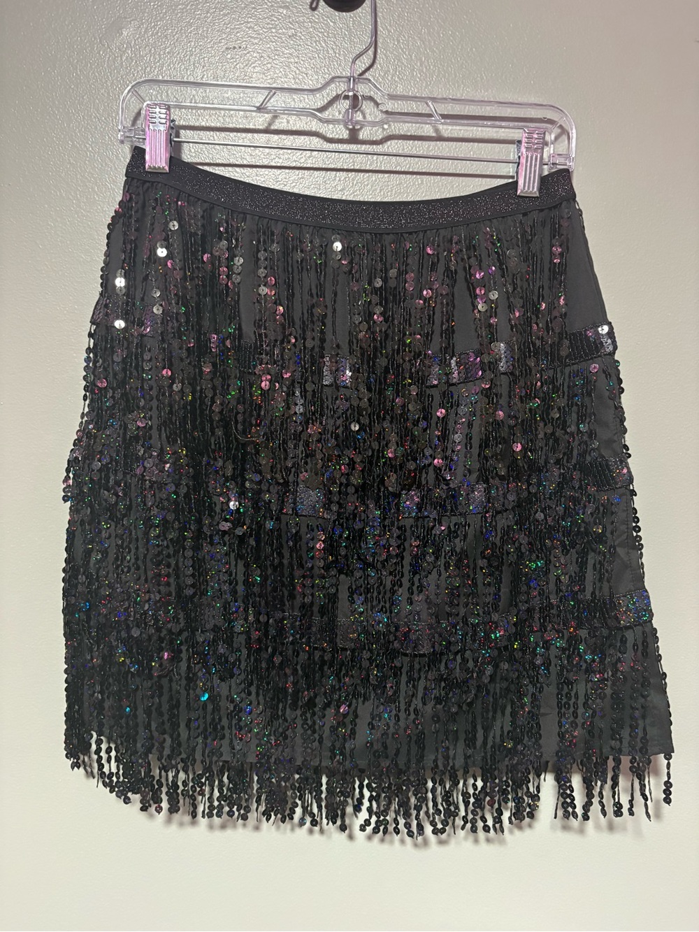 Black Sequin Fringe Tiered Mini Skirt Size Large Party Festival